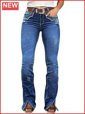 Mid Rise Bootcut Split Ripped Stitch Curvy Jeans